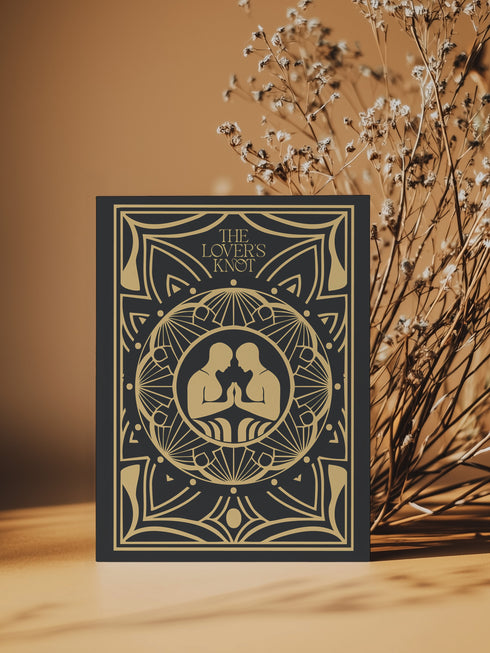 Luxury ritual card featuring gold Art Deco design on deep green with mirrored spirits sharing flame. Contains love binding ceremony with red string ritual. Ideal wedding or romantic gift for couples seeking spiritual connection.