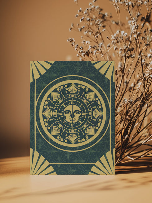 Luxury emerald and gold Art Deco birthday card featuring celestial sun medallion and shell motifs. Inside contains Gemini-specific ritual. Perfect gift for astrology enthusiasts and those who appreciate mystical artwork.