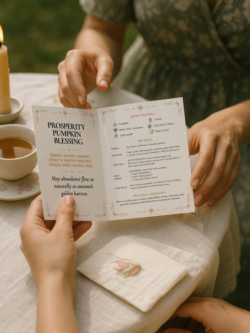 A 5x7 inch Prosperity Pumpkin ritual card shown on a flat surface. The card is made of thick, premium black card stock with a slight sheen. The front features an intricate, centrally-placed pumpkin illustration, ornately detailed with swirling patterns. The pumpkin and surrounding botanical elements, including leaves and cinnamon sticks, are rendered in a shimmering, gold and copper print. The words "Prosperity Pumpkin" and "Abundance & Fortune" are written in a serif font.
