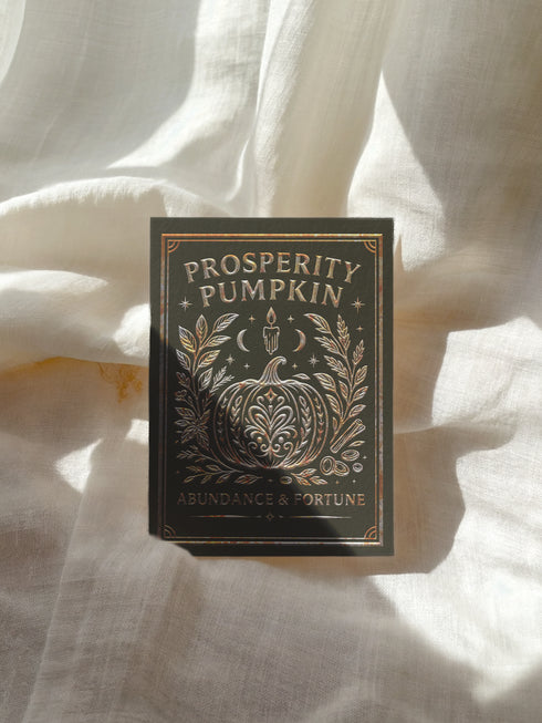 A 5x7 inch Prosperity Pumpkin ritual card shown on a flat surface. The card is made of thick, premium black card stock with a slight sheen. The front features an intricate, centrally-placed pumpkin illustration, ornately detailed with swirling patterns. The pumpkin and surrounding botanical elements, including leaves and cinnamon sticks, are rendered in a shimmering, gold and copper print. The words "Prosperity Pumpkin" and "Abundance & Fortune" are written in a serif font.