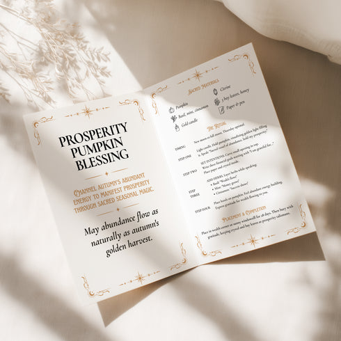 A 5x7 inch Prosperity Pumpkin ritual card shown on a flat surface. The card is made of thick, premium black card stock with a slight sheen. The front features an intricate, centrally-placed pumpkin illustration, ornately detailed with swirling patterns. The pumpkin and surrounding botanical elements, including leaves and cinnamon sticks, are rendered in a shimmering, gold and copper print. The words "Prosperity Pumpkin" and "Abundance & Fortune" are written in a serif font.