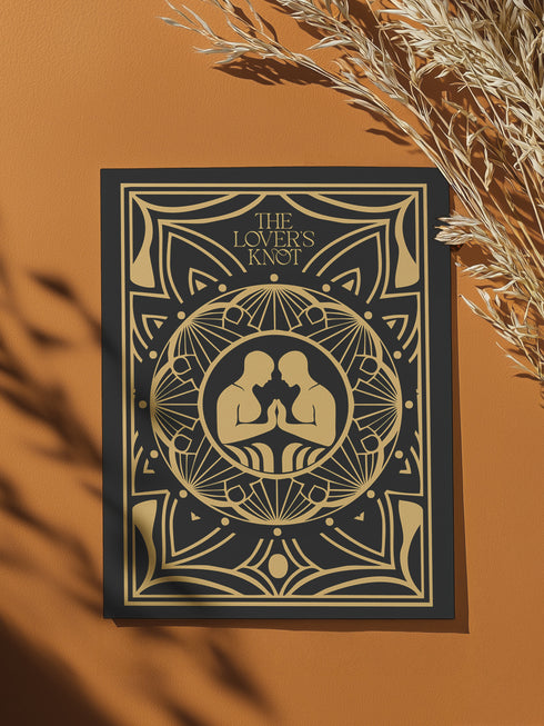 Luxury ritual card featuring gold Art Deco design on deep green with mirrored spirits sharing flame. Contains love binding ceremony with red string ritual. Ideal wedding or romantic gift for couples seeking spiritual connection.