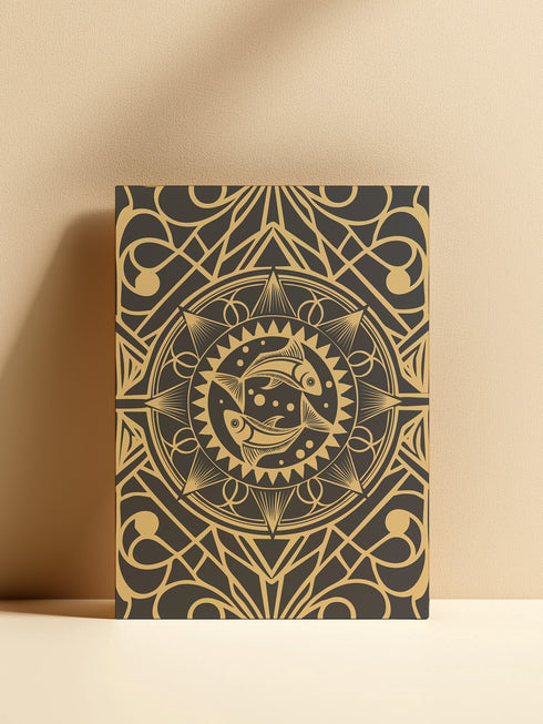 Luxurious black and gold Art Deco birthday card featuring twin fish in circular mandala design with geometric patterns. Contains Pisces dream ritual. Perfect for mystics and dreamers who appreciate elegant artwork.