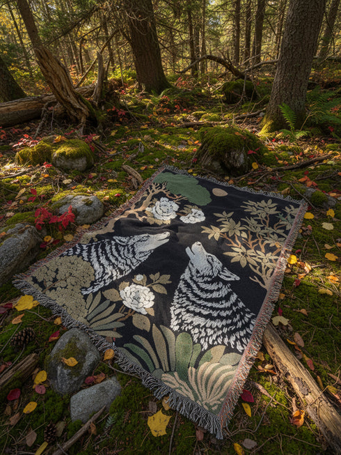 A high-contrast jacquard woven blanket featuring two wolves howling toward a central moon. The design is rendered in charcoal, sage green, and cream threads, showcasing intricate floral motifs like peonies and leafy trees. The textile has a visible woven texture with a multicolored fringe border. This Grimoire and Goblet piece displays a symmetrical, nature-inspired scene that functions as both a heavy throw and a wall tapestry, embodying a dark, botanical aesthetic.