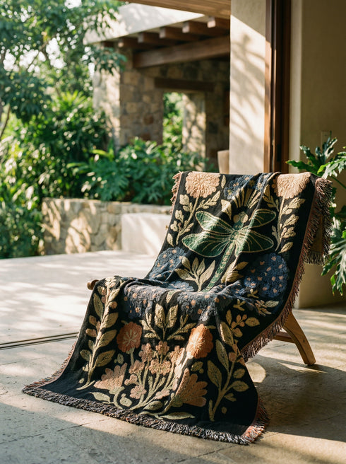 A Grimoire and Goblet Jacquard woven cotton blanket featuring a large central sage green dragonfly. The insect is surrounded by symmetrical clusters of slate blue hydrangeas and muted coral zinnia flowers against a black background. The blanket has a tactile woven texture and is finished with multicolor fringe edges. The design reflects a dark academia and vintage botanical aesthetic.