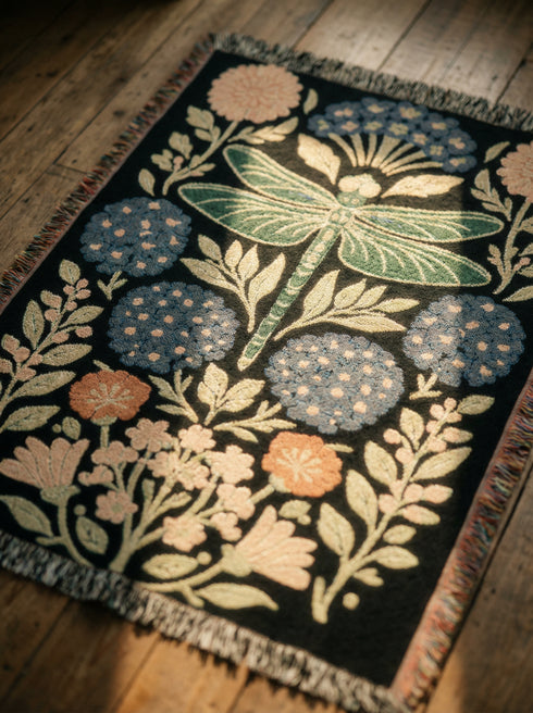 A Grimoire and Goblet Jacquard woven cotton blanket featuring a large central sage green dragonfly. The insect is surrounded by symmetrical clusters of slate blue hydrangeas and muted coral zinnia flowers against a black background. The blanket has a tactile woven texture and is finished with multicolor fringe edges. The design reflects a dark academia and vintage botanical aesthetic.
