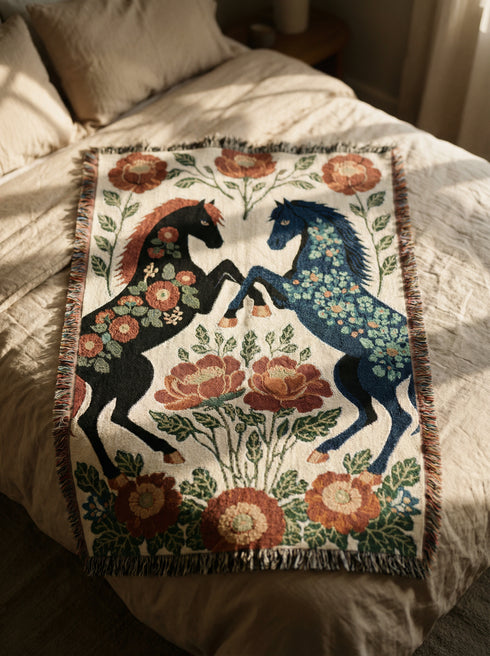 A woven cotton throw blanket by Grimoire and Goblet featuring two rearing horses facing each other in a symmetrical folk art design. One horse is charcoal black with rust floral detailing; the other is navy blue with teal floral detailing. They are framed by large rust-colored peonies and green leafy vines on a cream background. The blanket features a multicolor fringe edge. Perfect for dark academia and cottagecore aesthetics.