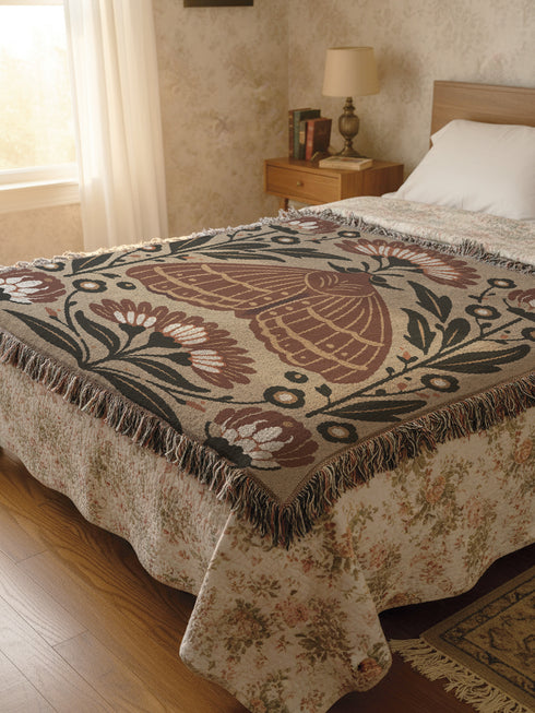 Grimoire and Goblet woven jacquard cotton blanket / wall tapestry featuring a centered folk-art moth framed by symmetrical wildflowers and leafy stems. Natural oatmeal-beige base with rust/terracotta and cocoa-brown moth detail, charcoal-black botanicals, and warm ivory highlights. Finished with a 2-inch multicolor fringe and a reversible color-negative back. Available in 52x37, 50x60, and 60x80 inches as a throw, bed cover, or statement wall hanging.