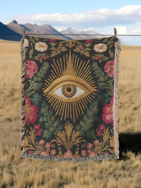 Drape your sanctuary in arcane elegance with our All-Seeing Eye woven cotton blanket. A talismanic piece of gothic botanical decor, this tapestry throw is a testament to woven sorcery, designed for the modern mystic and the discerning scholar of the esoteric.
Behold the celestial gaze of the All-Seeing Eye, rendered in radiant gold and rich earth tones, a timeless symbol of wisdom, intuition, and divine protection. This is not a printed image, but an intricate tapestry jacquard-woven from 100% cotton