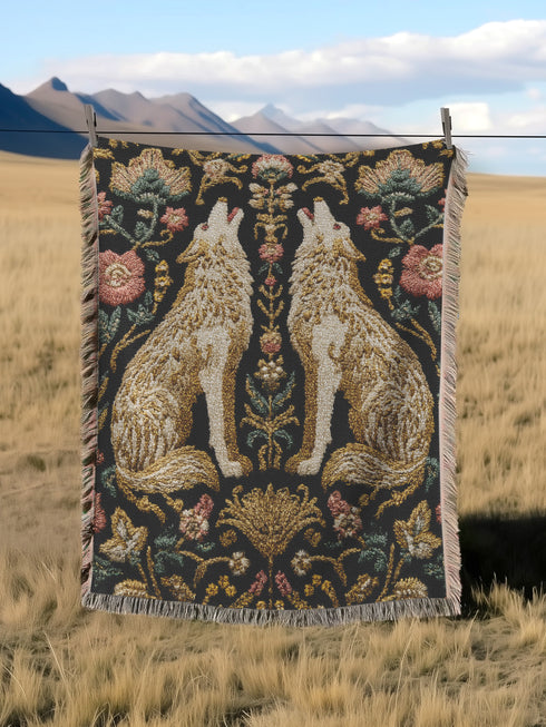 A rectangular, 100% woven cotton throw blanket with a detailed jacquard design. The throw features a symmetrical, vertical pattern of two howling wolves in profile, rendered in shades of beige, gold, and brown against a solid black background. The wolves are surrounded by intricate floral and foliage motifs. The thick, textured weave is visible. The blanket is finished on all four sides with a two-inch, multi-colored fringe that includes black, white, red, and gold threads.