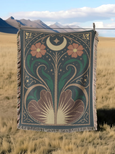 A luxurious, intricately woven jacquard blanket from Grimoire and Goblet. The design is a symmetrical Art Nouveau botanical pattern on a dark teal background. A central stem with green leaves swirls upwards, flanked by two large, rust-orange flowers. At the top, a golden crescent moon and star sparkle. A fan-like, sun-inspired motif rests at the base. The entire piece, crafted from 100% cotton, is framed by a decorative gold border and a multi-colored fringe.