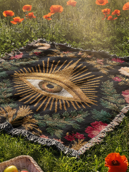 Drape your sanctuary in arcane elegance with our All-Seeing Eye woven cotton blanket. A talismanic piece of gothic botanical decor, this tapestry throw is a testament to woven sorcery, designed for the modern mystic and the discerning scholar of the esoteric.
Behold the celestial gaze of the All-Seeing Eye, rendered in radiant gold and rich earth tones, a timeless symbol of wisdom, intuition, and divine protection. This is not a printed image, but an intricate tapestry jacquard-woven from 100% cotton
