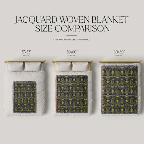 Luxurious woven cotton throw blanket featuring symmetrical scarab beetle pattern in olive green on black background with white fringe trim. Perfect for dark academia, gothic, or cottagecore decor as wall hanging or cozy throw. Mystical home gift.