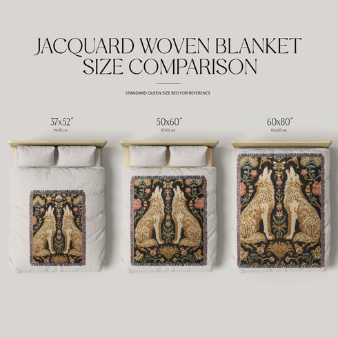 A rectangular, 100% woven cotton throw blanket with a detailed jacquard design. The throw features a symmetrical, vertical pattern of two howling wolves in profile, rendered in shades of beige, gold, and brown against a solid black background. The wolves are surrounded by intricate floral and foliage motifs. The thick, textured weave is visible. The blanket is finished on all four sides with a two-inch, multi-colored fringe that includes black, white, red, and gold threads.