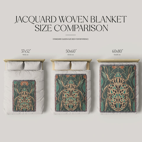 Jacquard woven 100% cotton blanket from Grimoire and Goblet featuring a detailed central beetle entomology motif and vintage botanical floral accents. The textile displays a rich woven texture with a fringe border in a dark academia palette of charcoal black, ochre, and rust. This heirloom-quality gothic tapestry functions as a decorative wall hanging or luxury throw for moody library and study interiors, showcasing high-fidelity thread-work and the brand's sorcerous aesthetic.