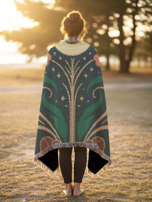 A luxurious, intricately woven jacquard blanket from Grimoire and Goblet. The design is a symmetrical Art Nouveau botanical pattern on a dark teal background. A central stem with green leaves swirls upwards, flanked by two large, rust-orange flowers. At the top, a golden crescent moon and star sparkle. A fan-like, sun-inspired motif rests at the base. The entire piece, crafted from 100% cotton, is framed by a decorative gold border and a multi-colored fringe.