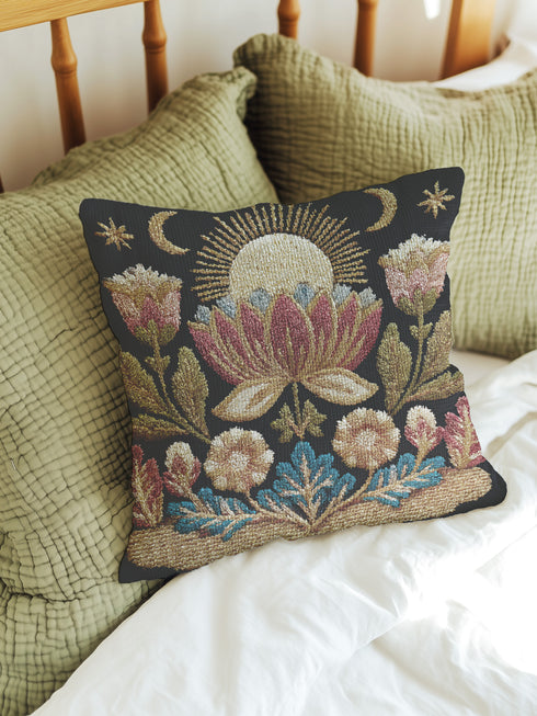 Woven tapestry pillow, 17" x 18", showcasing a radiant sun above a lotus with crescent moons and florals in gold, berry, and teal on black. Artisan-woven 58% cotton, 42% polyester; stuffed with soft polyfill. Sewn-shut construction; pattern duplicated on both sides. Luxe, symbolic woven pillow for celestial décor, dark-academia styling, and enchanting living spaces.