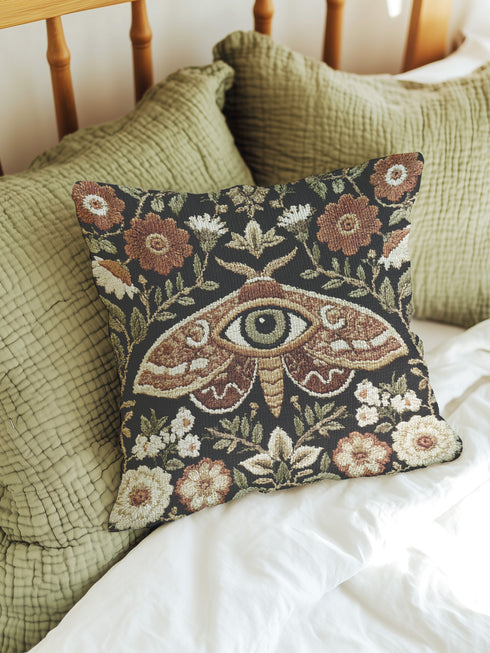 Woven tapestry pillow, 17" x 18", featuring a central moth with an eye and vintage florals in cream, rust, and olive on a black ground. Artisan-woven of 58% cotton, 42% polyester; stuffed with soft polyfill. Sewn-shut closure; double-sided pattern for full visibility. Botanical, symbolic woven pillow—folklore-inspired accent for couches, reading nooks, or beds.
