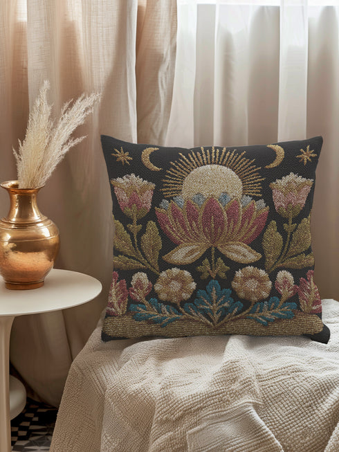 Woven tapestry pillow, 17" x 18", showcasing a radiant sun above a lotus with crescent moons and florals in gold, berry, and teal on black. Artisan-woven 58% cotton, 42% polyester; stuffed with soft polyfill. Sewn-shut construction; pattern duplicated on both sides. Luxe, symbolic woven pillow for celestial décor, dark-academia styling, and enchanting living spaces.