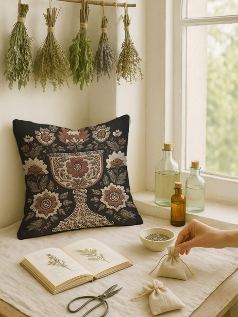 Woven tapestry pillow, 17" x 18", featuring an ornate chalice framed by botanical motifs in ivory, rust, and olive on a black ground. Artisan-woven of 58% cotton, 42% polyester and stuffed with soft, durable polyfill. Sewn shut for a smooth, seamless finish. Double-sided pattern for full visibility. Dark-academia, mystical décor accent; folklore-inspired woven pillow for sofa, chair, or bed.