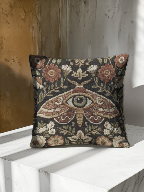 Woven tapestry pillow, 17" x 18", featuring a central moth with an eye and vintage florals in cream, rust, and olive on a black ground. Artisan-woven of 58% cotton, 42% polyester; stuffed with soft polyfill. Sewn-shut closure; double-sided pattern for full visibility. Botanical, symbolic woven pillow—folklore-inspired accent for couches, reading nooks, or beds.