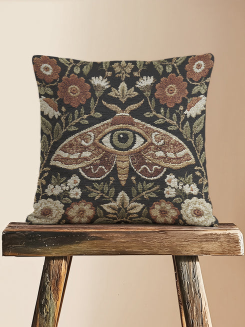 Woven tapestry pillow, 17" x 18", featuring a central moth with an eye and vintage florals in cream, rust, and olive on a black ground. Artisan-woven of 58% cotton, 42% polyester; stuffed with soft polyfill. Sewn-shut closure; double-sided pattern for full visibility. Botanical, symbolic woven pillow—folklore-inspired accent for couches, reading nooks, or beds.