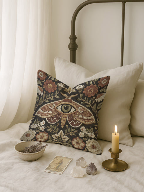 Woven tapestry pillow, 17" x 18", featuring a central moth with an eye and vintage florals in cream, rust, and olive on a black ground. Artisan-woven of 58% cotton, 42% polyester; stuffed with soft polyfill. Sewn-shut closure; double-sided pattern for full visibility. Botanical, symbolic woven pillow—folklore-inspired accent for couches, reading nooks, or beds.