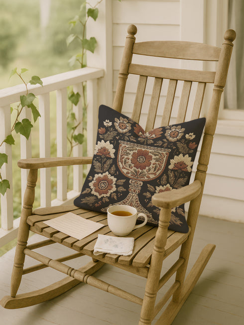 Woven tapestry pillow, 17" x 18", featuring an ornate chalice framed by botanical motifs in ivory, rust, and olive on a black ground. Artisan-woven of 58% cotton, 42% polyester and stuffed with soft, durable polyfill. Sewn shut for a smooth, seamless finish. Double-sided pattern for full visibility. Dark-academia, mystical décor accent; folklore-inspired woven pillow for sofa, chair, or bed.