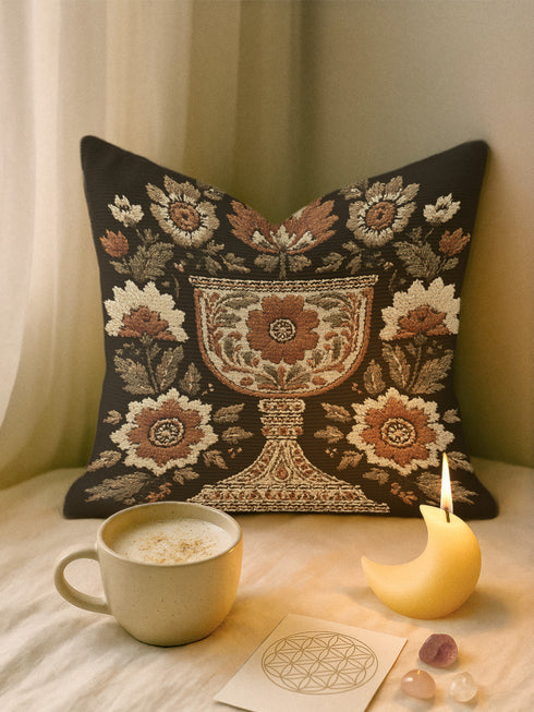 Woven tapestry pillow, 17" x 18", featuring an ornate chalice framed by botanical motifs in ivory, rust, and olive on a black ground. Artisan-woven of 58% cotton, 42% polyester and stuffed with soft, durable polyfill. Sewn shut for a smooth, seamless finish. Double-sided pattern for full visibility. Dark-academia, mystical décor accent; folklore-inspired woven pillow for sofa, chair, or bed.