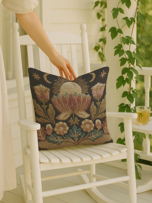 Woven tapestry pillow, 17" x 18", showcasing a radiant sun above a lotus with crescent moons and florals in gold, berry, and teal on black. Artisan-woven 58% cotton, 42% polyester; stuffed with soft polyfill. Sewn-shut construction; pattern duplicated on both sides. Luxe, symbolic woven pillow for celestial décor, dark-academia styling, and enchanting living spaces.