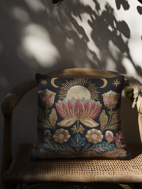 Woven tapestry pillow, 17" x 18", showcasing a radiant sun above a lotus with crescent moons and florals in gold, berry, and teal on black. Artisan-woven 58% cotton, 42% polyester; stuffed with soft polyfill. Sewn-shut construction; pattern duplicated on both sides. Luxe, symbolic woven pillow for celestial décor, dark-academia styling, and enchanting living spaces.