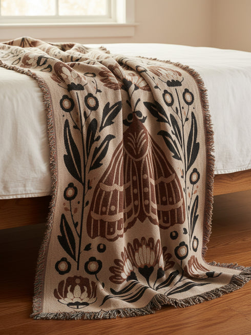 Grimoire and Goblet woven jacquard cotton blanket / wall tapestry featuring a centered folk-art moth framed by symmetrical wildflowers and leafy stems. Natural oatmeal-beige base with rust/terracotta and cocoa-brown moth detail, charcoal-black botanicals, and warm ivory highlights. Finished with a 2-inch multicolor fringe and a reversible color-negative back. Available in 52x37, 50x60, and 60x80 inches as a throw, bed cover, or statement wall hanging.