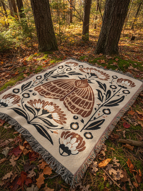 Grimoire and Goblet woven jacquard cotton blanket / wall tapestry featuring a centered folk-art moth framed by symmetrical wildflowers and leafy stems. Natural oatmeal-beige base with rust/terracotta and cocoa-brown moth detail, charcoal-black botanicals, and warm ivory highlights. Finished with a 2-inch multicolor fringe and a reversible color-negative back. Available in 52x37, 50x60, and 60x80 inches as a throw, bed cover, or statement wall hanging.