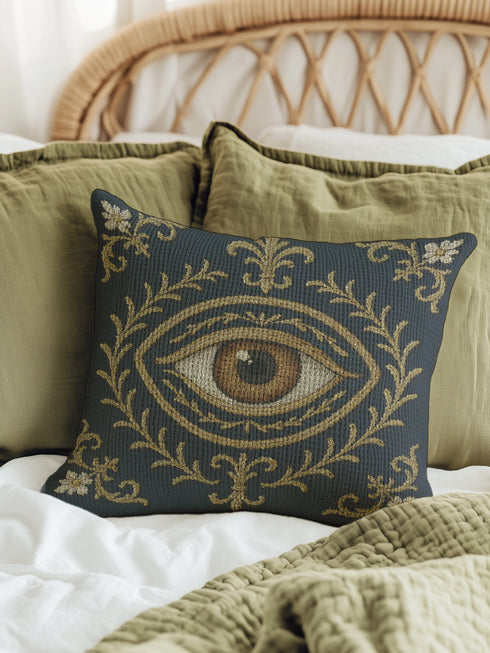 A square woven tapestry pillow in charcoal grey and metallic gold thread, embodying a premium, artisan feel. The central design features a realistic, all-seeing evil eye, a nod to mystical home decor, encircled by ornate Victorian botanical flourishes. This combination of protective symbolism and dark naturalism elements is ideal for Whimsigoth, Gothic, and Dark Academia aesthetics. The luxurious, double-sided piece of functional art is perfect as a statement pillow.