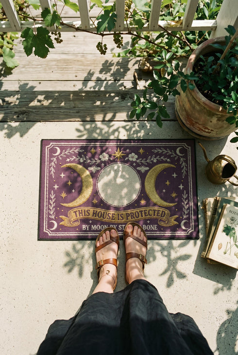 A rectangular doormat featuring a printed faux embroidery design on a deep plum purple background. The symmetrical artwork centers on a large cream full moon flanked by two golden crescent moons, creating a Triple Moon symbol. Above the moons are gold stars, cream flowers, and two small bees. Below, a golden scroll banner reads "THIS HOUSE IS PROTECTED" with "BY MOON BY STAR BY BONE" underneath. The mat is framed by cream leafy vines and finished with a black fabric border trim.