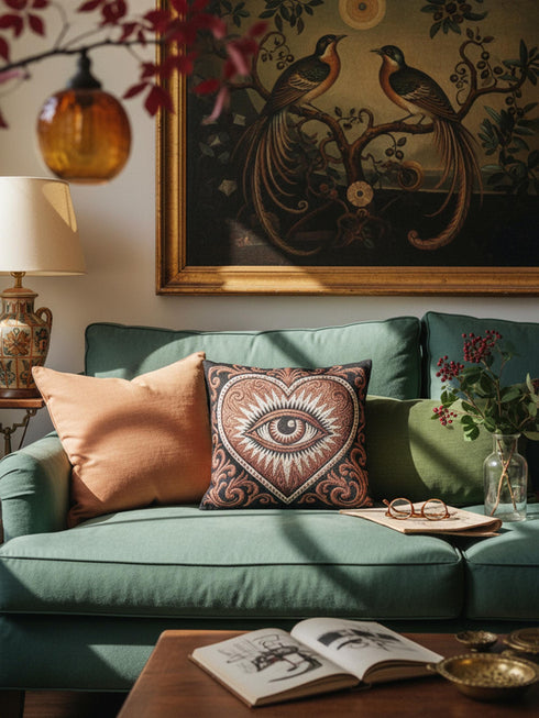 Square jacquard woven throw pillow measuring 17 by 18 inches. The design features a large central heart in rust and terracotta framing a detailed, unblinking eye with a black pupil, surrounded by cream colored jagged radiating rays. The solid black background is accented in the corners by ornate, curling cream botanical scrolls. Interlocking threads create a highly textured tapestry cloth, woven identically on the front and back faces, finished with a cleanly sewn closed edge.