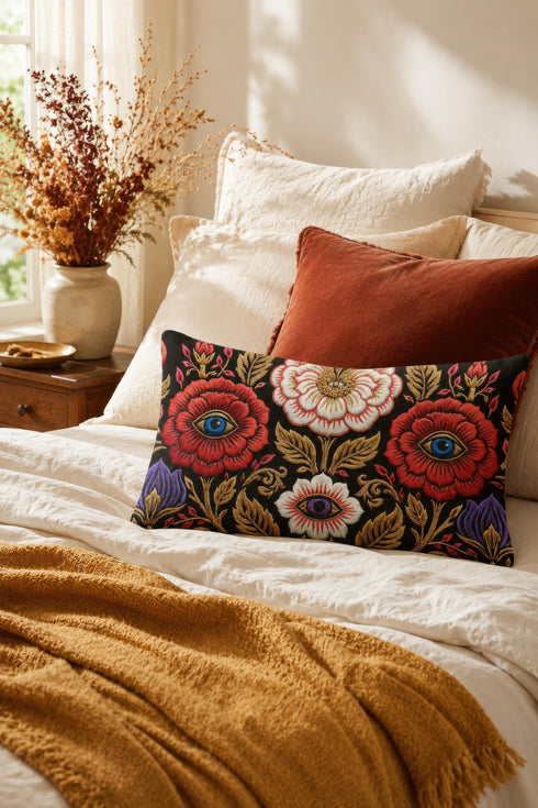 Evil eye lumbar pillow cover in black featuring a symmetrical folk art floral print. Two crimson red roses hold bright blue eyes at their centers, a white blossom below cradles a violet purple eye, and antique gold leaves, scrollwork, and pink buds frame the design. Purple tulips anchor the lower corners. Rectangular 20 x 12 inch cushion case with a hidden zipper and the double sided embroidered look design printed on smooth, soft, linen feel polyester fabric.