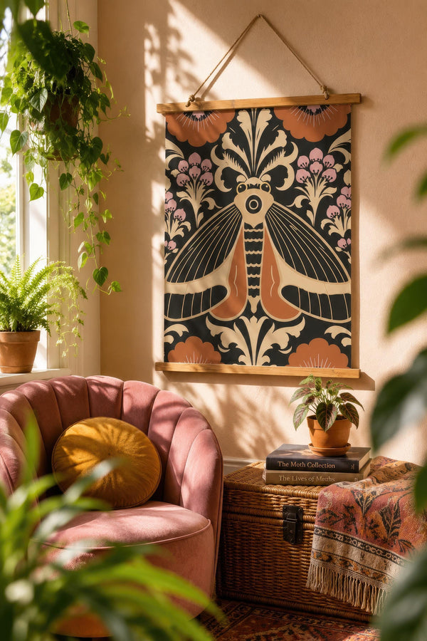 Fabric wall tapestry measuring 26 by 36 inches featuring a large symmetrical moth with outstretched striped wings in cream and terracotta on a deep charcoal background. The moth is crowned with plume style antennae and framed by damask acanthus scrollwork, scalloped terracotta blooms with radiating petals, and soft pink flowering sprigs. The tapestry hangs from a stained wooden frame with a natural twine cord attached to the top rail.