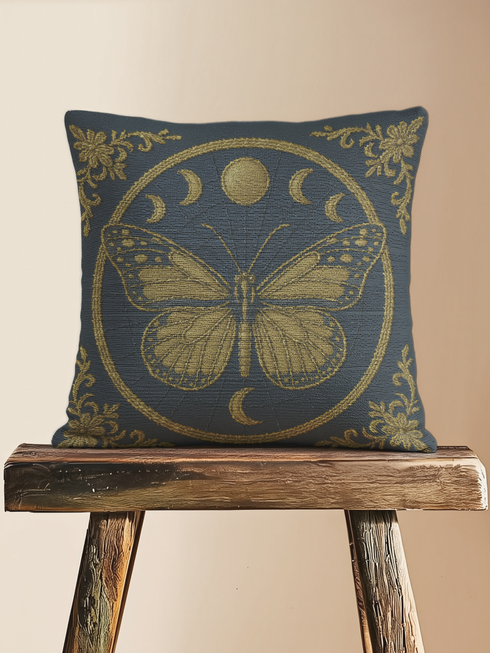 A square woven tapestry pillow in charcoal grey and metallic gold thread, embodying a premium, artisan feel. The central design features an intricate butterfly, a nod to entomology decor, encircled by a celestial moon phase motif. This combination of mystical and dark botanical elements makes it ideal for Whimsigoth, Gothic, and Dark Academia aesthetics. Ornate Victorian flourishes in the corners complete this luxurious, double-sided piece of functional art.