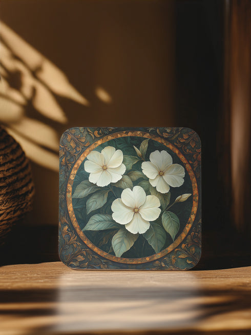 Set of four 4x4 inch square coasters featuring an enchanted floral design titled “Love’s Garden.” Each coaster showcases a romantic garden motif with soft botanical illustrations in warm, earthy tones. Made of durable materials with a smooth finish, ideal for protecting surfaces in mystical or romantic spaces.