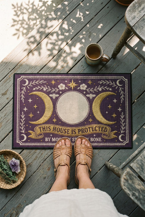 A rectangular doormat featuring a printed faux embroidery design on a deep plum purple background. The symmetrical artwork centers on a large cream full moon flanked by two golden crescent moons, creating a Triple Moon symbol. Above the moons are gold stars, cream flowers, and two small bees. Below, a golden scroll banner reads "THIS HOUSE IS PROTECTED" with "BY MOON BY STAR BY BONE" underneath. The mat is framed by cream leafy vines and finished with a black fabric border trim.