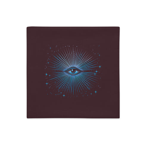 Purple throw pillow cover featuring a radiant blue all-seeing eye design with star-like sparkles, ideal for mystical or cosmic-themed decor.