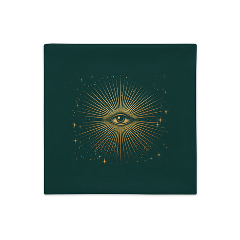 Green throw pillow cover featuring a radiant gold all-seeing eye design with star-like sparkles, ideal for mystical or cosmic-themed decor.