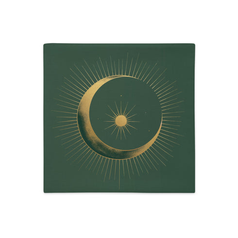 Emerald green throw pillow cover featuring a golden crescent moon and sun design with radiating lines, perfect for celestial or bohemian decor themes.