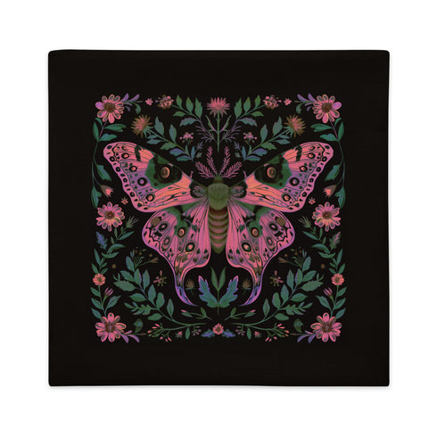 A beautifully detailed pillowcase cover featuring a vibrant moth in shades of pink, purple, and green. The moth is framed by intricate floral designs, including lush green leaves and pink flowers, all set against a dark, moody background. The design evokes a cottagecore aesthetic with gothic undertones, blending nature with a magical, whimsical vibe.