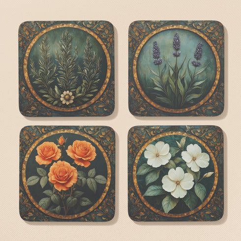 Set of four 4x4 inch square coasters featuring an enchanted floral design titled “Love’s Garden.” Each coaster showcases a romantic garden motif with soft botanical illustrations in warm, earthy tones. Made of durable materials with a smooth finish, ideal for protecting surfaces in mystical or romantic spaces.