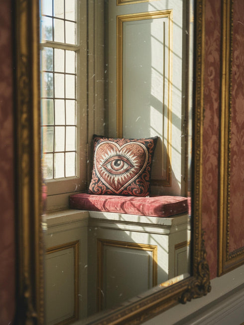Square jacquard woven throw pillow measuring 17 by 18 inches. The design features a large central heart in rust and terracotta framing a detailed, unblinking eye with a black pupil, surrounded by cream colored jagged radiating rays. The solid black background is accented in the corners by ornate, curling cream botanical scrolls. Interlocking threads create a highly textured tapestry cloth, woven identically on the front and back faces, finished with a cleanly sewn closed edge.