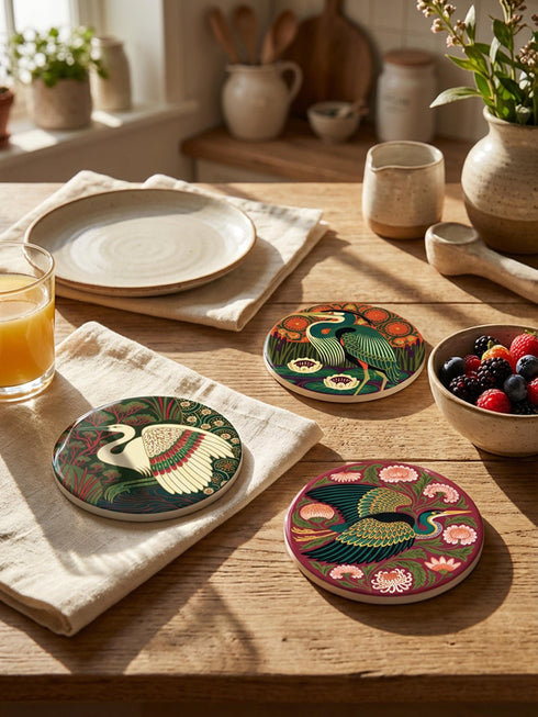 This set of four round ceramic coasters features a glossy, smooth, high-fidelity flat-printed surface. Each piece displays highly detailed Art Nouveau style illustrations of herons and egrets surrounded by stylized water lilies, chrysanthemums, and rich foliage. The vibrant, intricate color palette includes deep emerald greens, rich crimson reds, navy blues, and golden yellows. The sides are smooth, unprinted white ceramic, and the underside is fitted with a natural brown cork backing.
