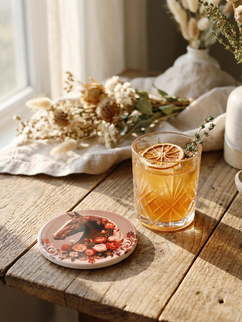 A round glazed ceramic coaster by Grimoire and Goblet featuring a vintage Victorian horse portrait design. The coaster has a high gloss porcelain-like finish and a natural cork bottom for furniture protection. The artwork depicts a dark bay horse head in profile surrounded by moody botanical flowers in shades of rust and deep red, evoking a dark academia and gothic cottagecore aesthetic. This 4x4 inch tile serves as a protective drink mat or decorative equine art accent.