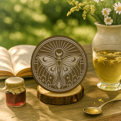 A round, dark brown ceramic drink coaster with a non-slip cork back. The top surface features an intricate, engraved-style celestial moth design in a light beige or off-white color. The luna moth is centered under a crescent moon and a radiant sunburst. The design is symmetrical and includes stars and geometric line art, evoking a gothic, witchy, and spiritual aesthetic. The coaster has a matte finish and is designed as a piece of functional art.